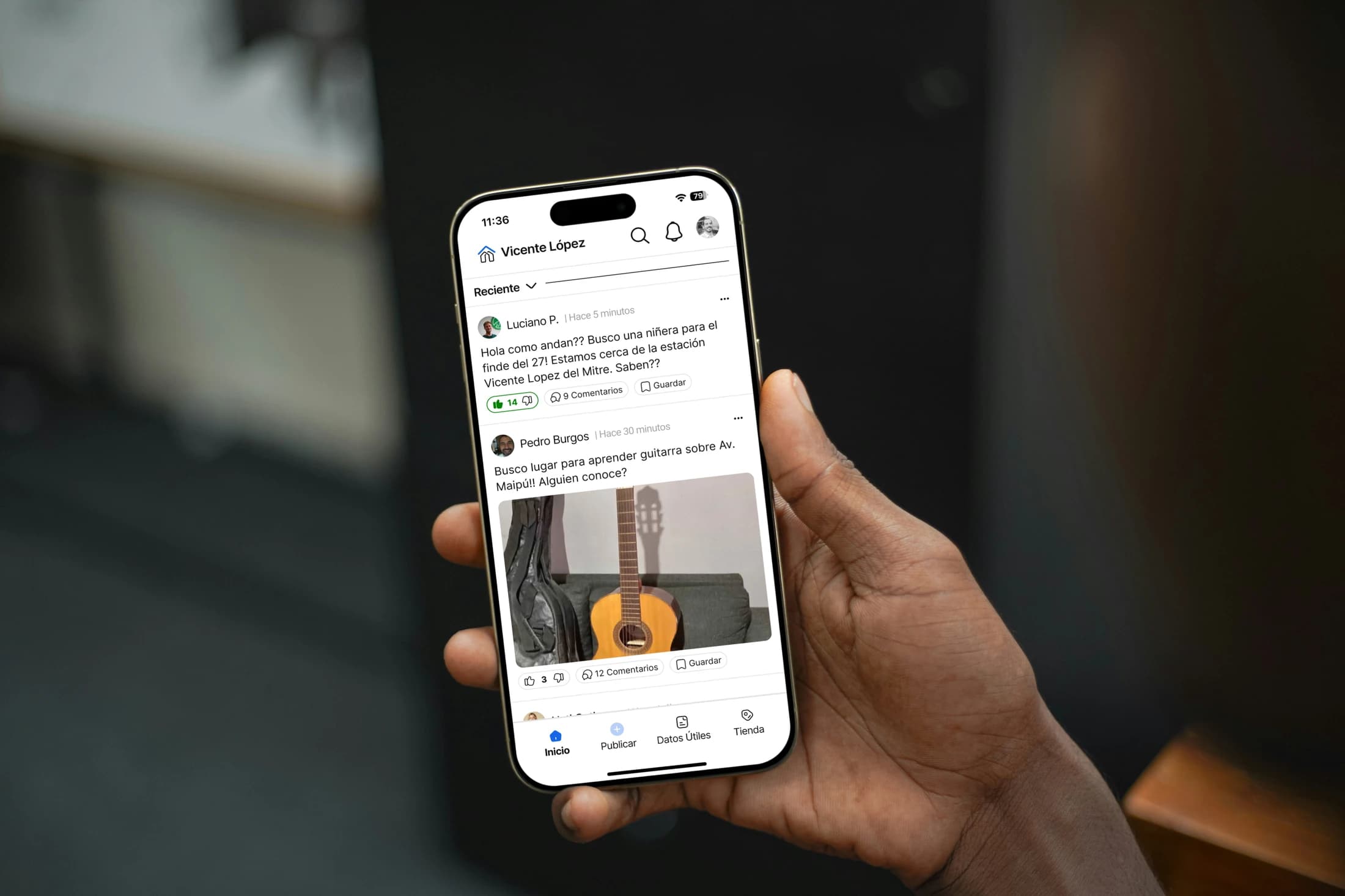 tuvecino neighborhood feed presented in a mobile design mockup