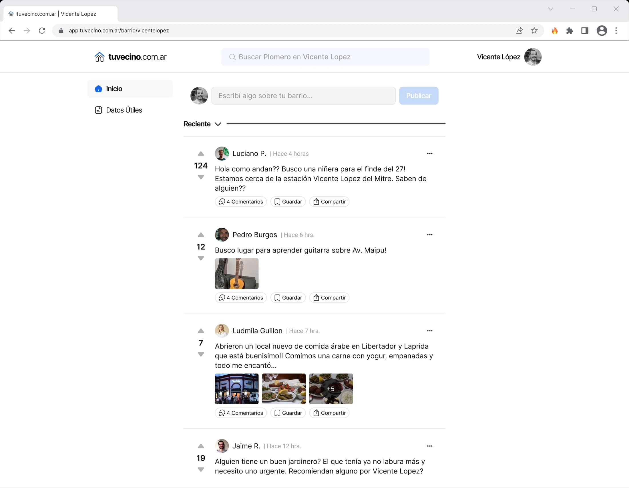Early desktop design for tuvecino showing a neighborhood feed, local search, and a publishing field