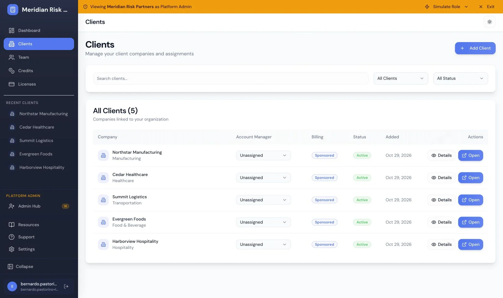 Meridian Risk Partners' client workspace, showing five managed companies, account-manager controls, billing, and access status.