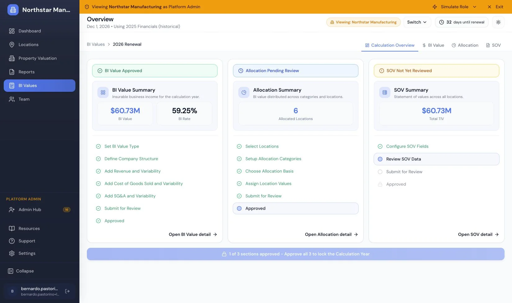 Three parallel checklists: BI Value approved, Allocation pending review, and Statement of Values not yet reviewed.