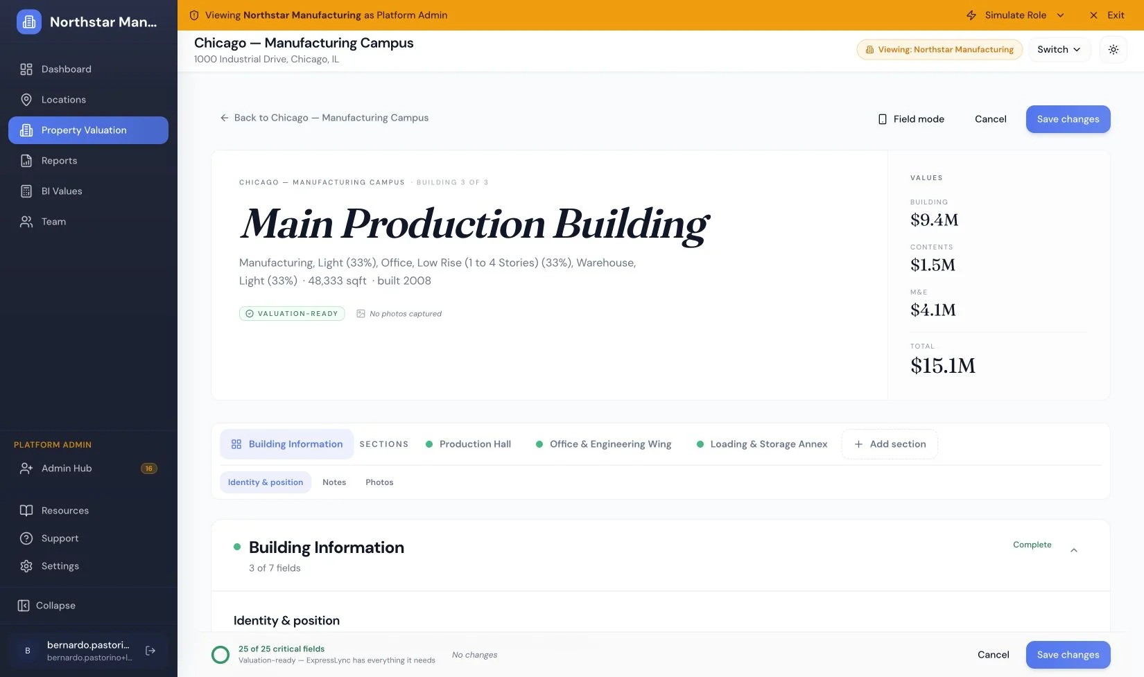 The desktop dossier for Main Production Building, with building, contents, and equipment values and three building sections.