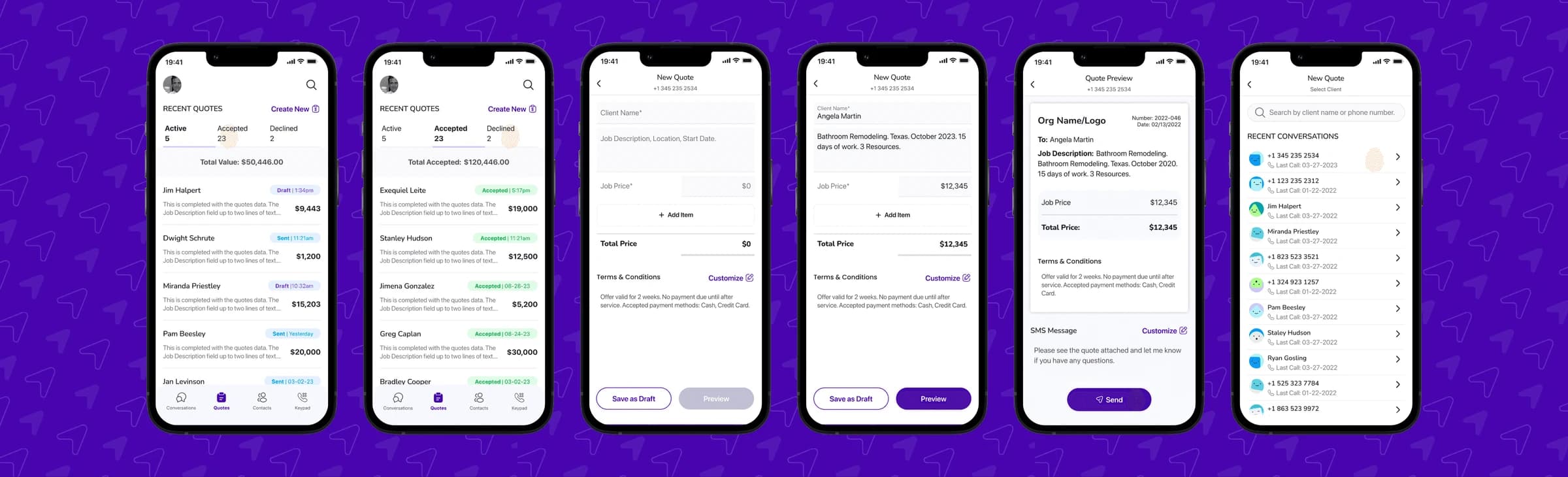 Final Upcraft mobile screens for creating and sending quotes