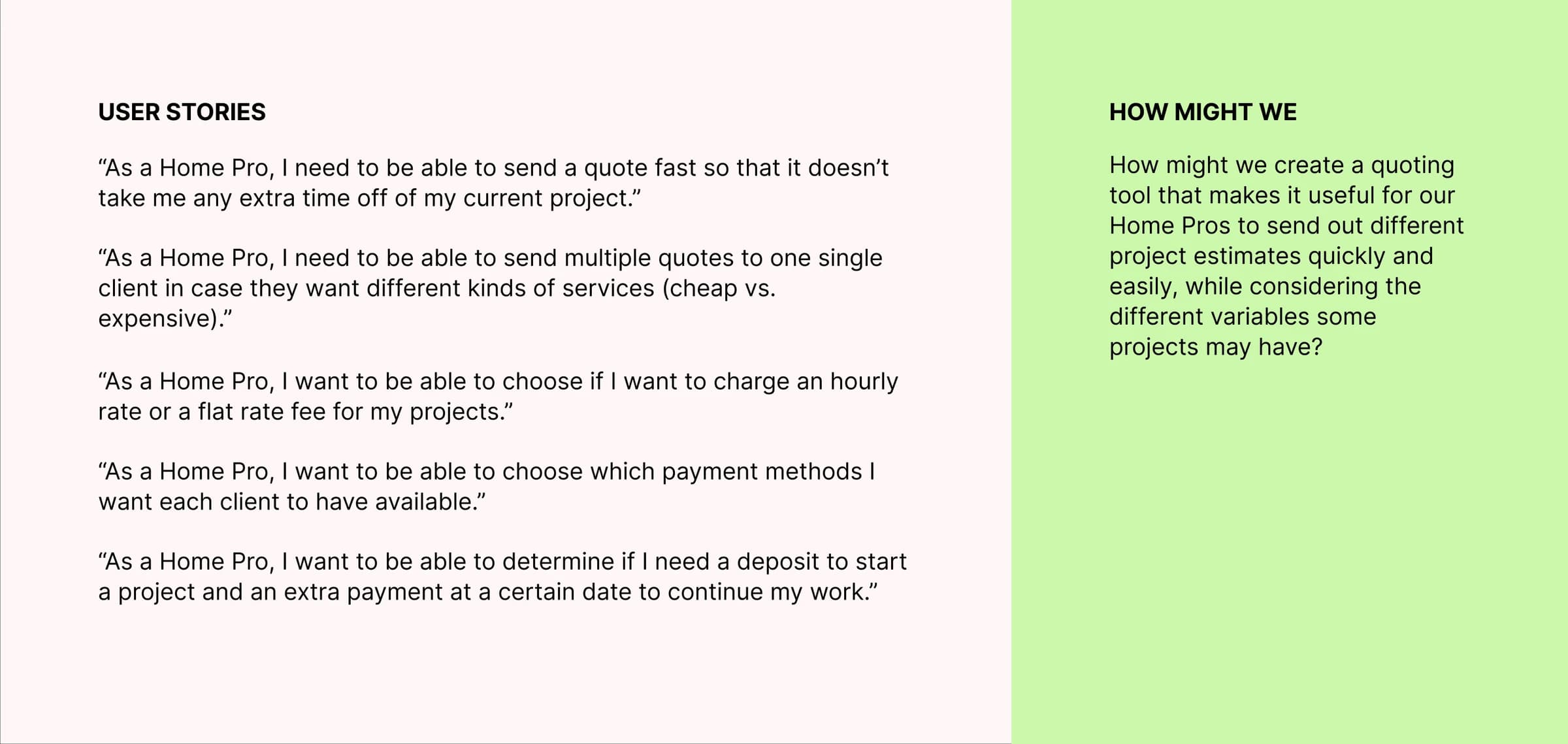 User stories and a How Might We question defining requirements for Upcraft quotes