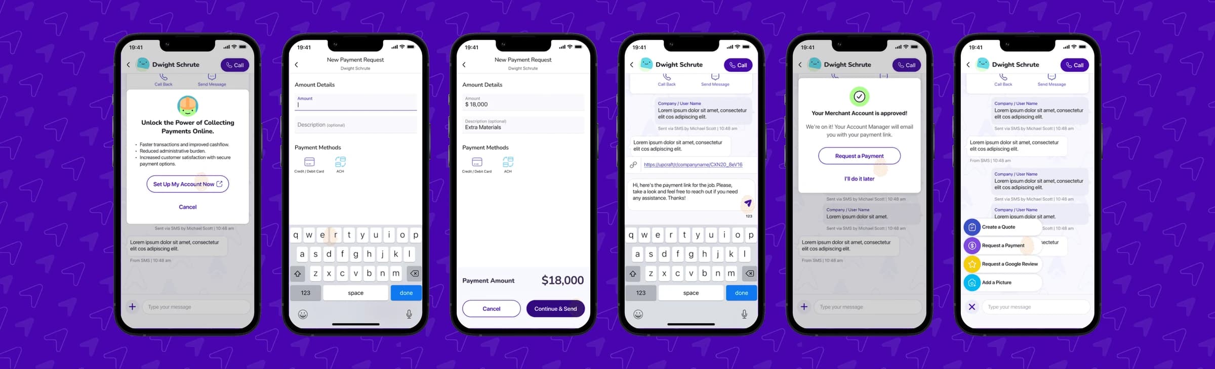 Final Upcraft mobile screens for requesting and receiving payments