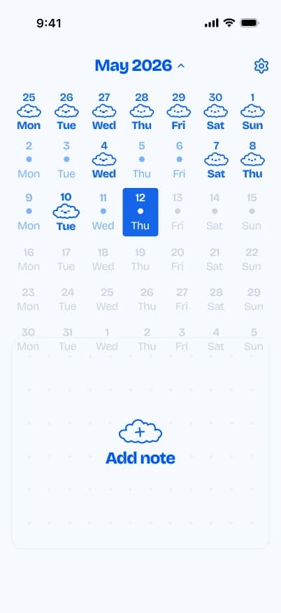 Juniper month-view design showing dates and saved moods