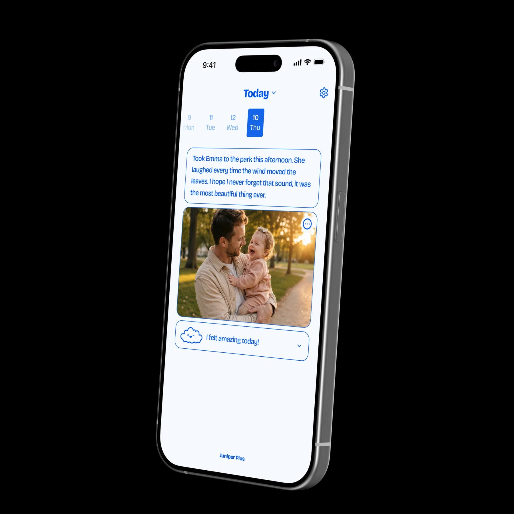 Juniper mobile app design showing a daily note, photo, and mood